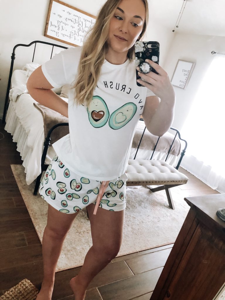 wife with a budget wearing amazon avocado pajama set